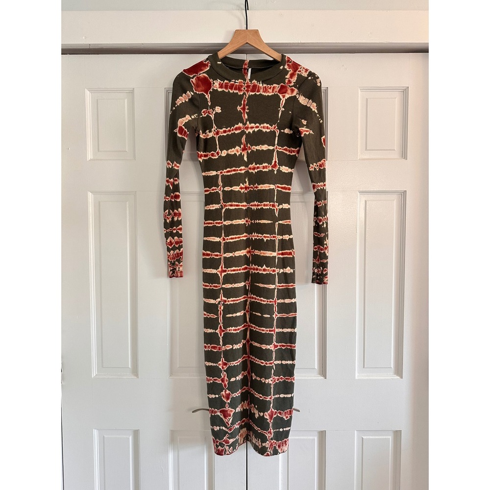 Young Fabulous & Broke YFB Tie Dye Ribbed Long Sleeve Midi Dress Olive Rust